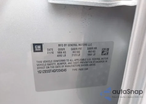 2016 Chevrolet Malibu 1Lt из США, поврежденный, VIN 1G1ZE5ST4GF204345